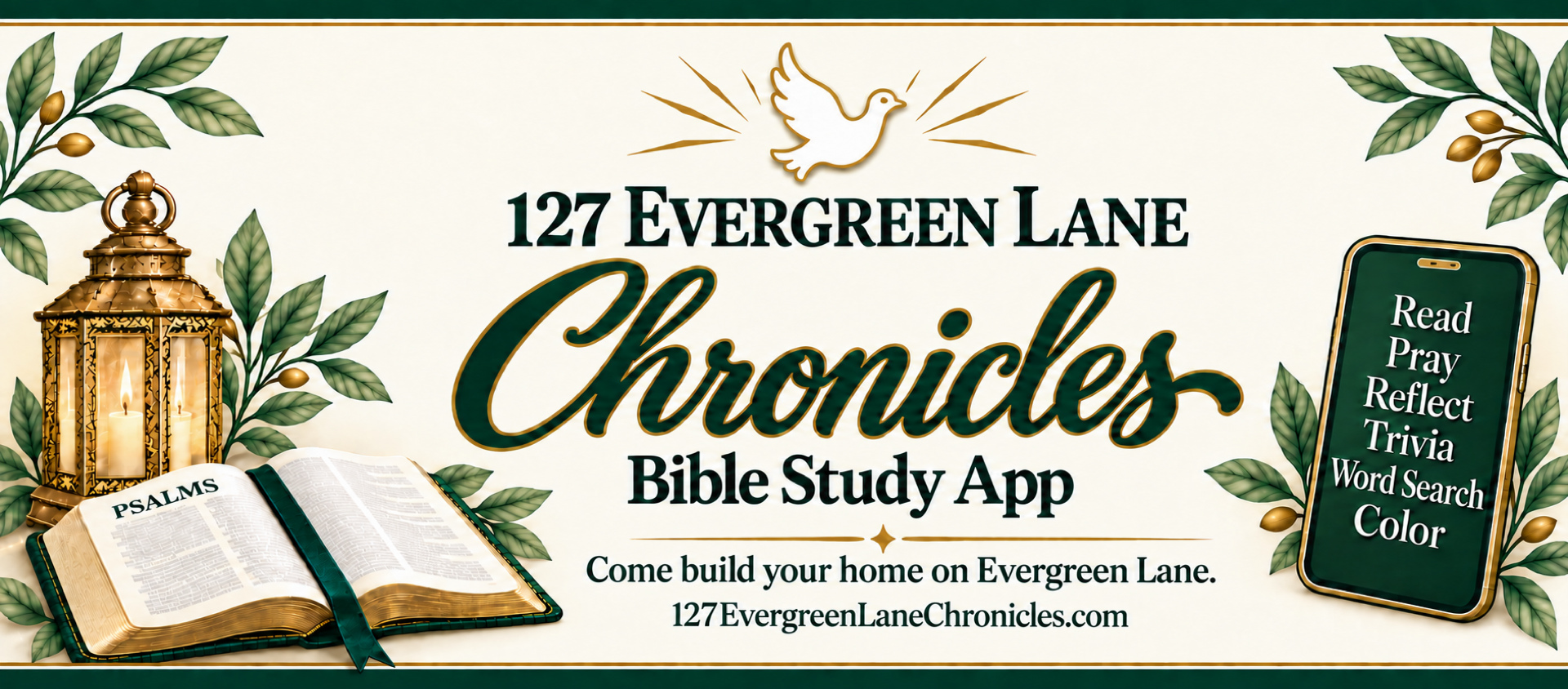 127 Evergreen Lane Chronicles Bible study app with reading, prayer, reflection, trivia, word search, and coloring