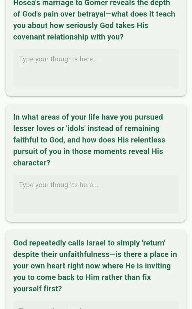 Three reflection prompts about Hosea with space to type your thoughts beneath each one.