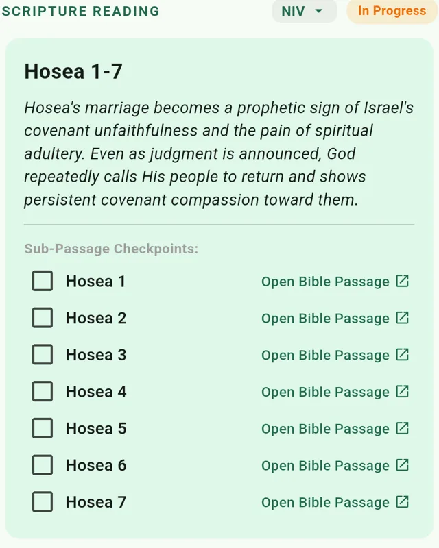 The day's Scripture reading in the Chronicles app: Hosea 1 to 7 with a summary, and a checkpoint for each of the seven chapters, each one opening the passage.