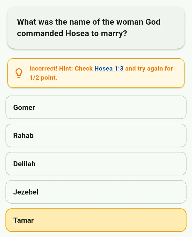 A Chronicles review question about Hosea, showing a hint that points back to Hosea 1:3 after a wrong answer.