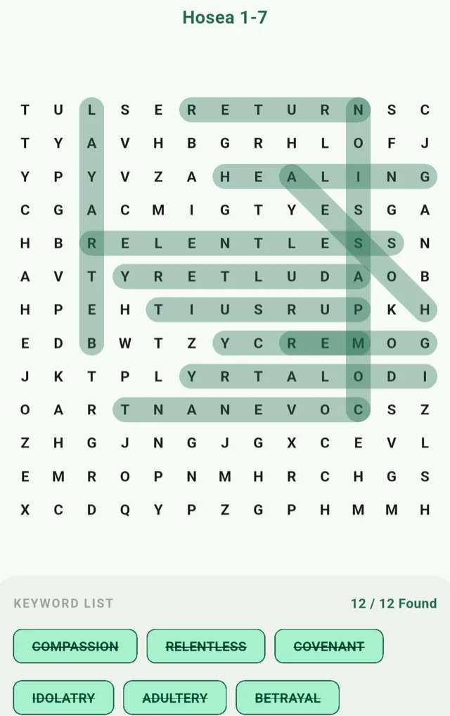 A completed word search for Hosea 1 to 7 with twelve keywords found, including COVENANT, RELENTLESS and MERCY.