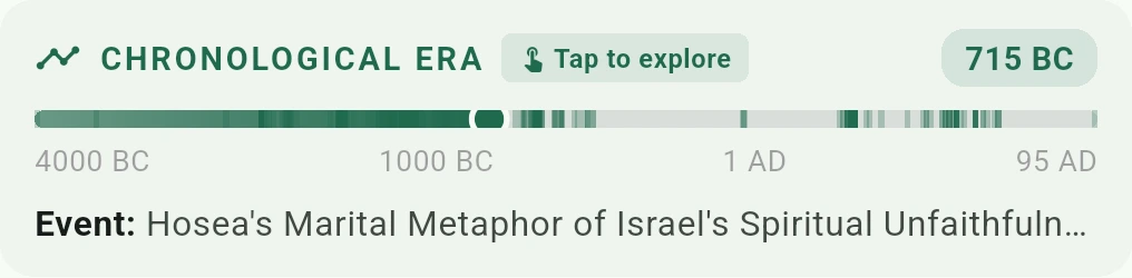 The chronological era bar in the app: a progress track from 4000 BC to 95 AD sitting at 715 BC, labelled Hosea's marital metaphor of Israel's spiritual unfaithfulness.